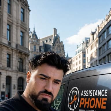 Aslan Tekin, fondateur d'Assistance Phone 24/7, devant son véhicule atelier